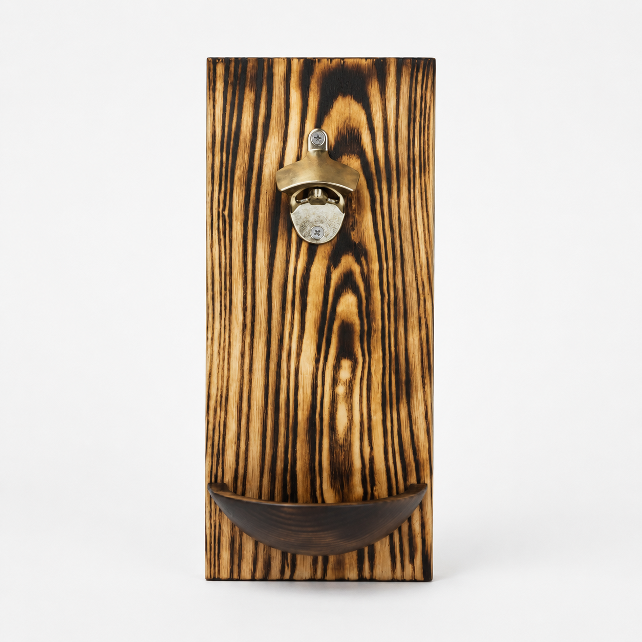 Wooden bottle opener with rustic finish on a white background