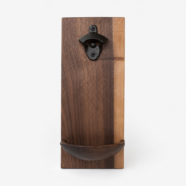 Wooden wall-mounted bottle opener with a dark brown finish on a white background
