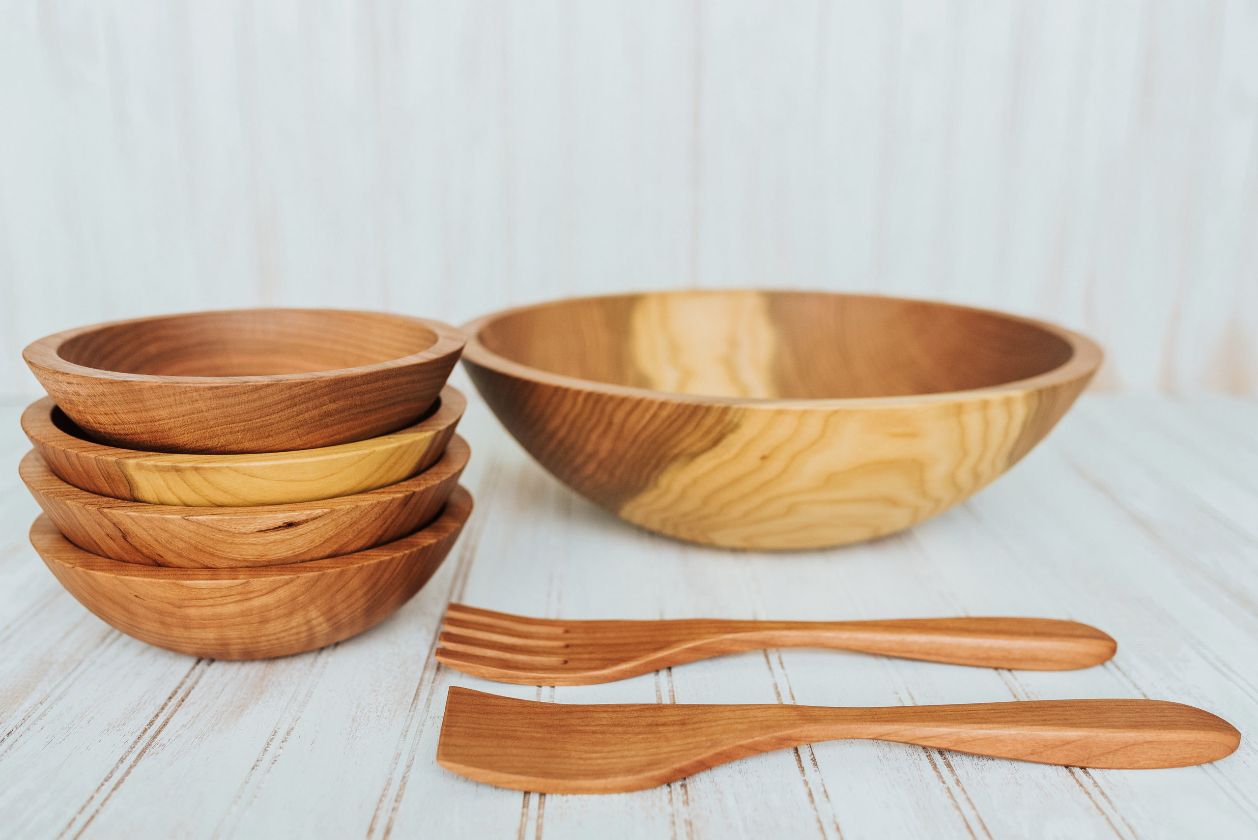 Dark Walnut Wooden Bowl Set  15-inch Serving Bowl with Utensils