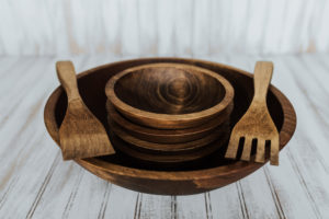 15 inch Wooden Bowl Set | Beech with Dark Walnut Finish