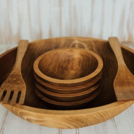 17-inch Beech Five Bowl Serving Set with Light Walnut Finish