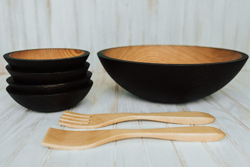 Red Oak serving set, ebonized, featuring four bowls and one large 15-inch bowl