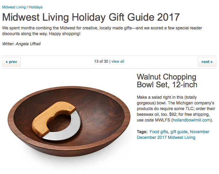Holland Bowl Mill featured in Midwest Living Holiday Gift Guide