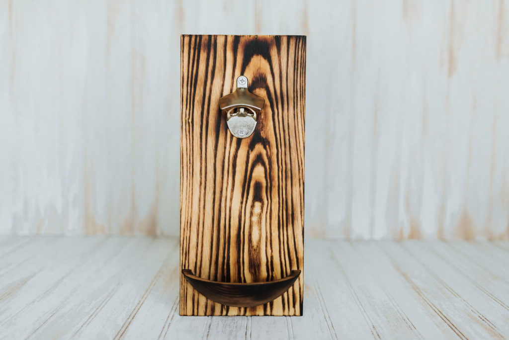 Wooden wall mounted bottle opener with an attached Torched Red Oak bowl.