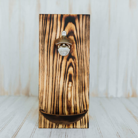 Wooden wall mounted bottle opener with an attached Torched Red Oak bowl.