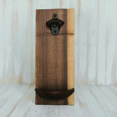 Wooden Wall mounted bottle openers in a walnut finish.