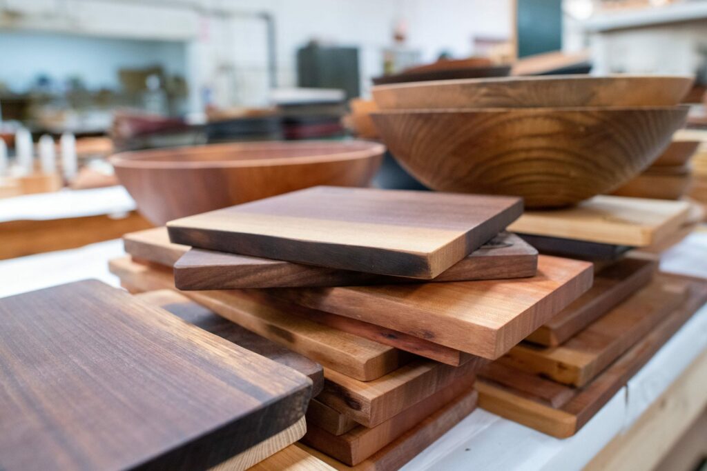 A stack of wood cutting boards made by the Holland Bowl Mill
