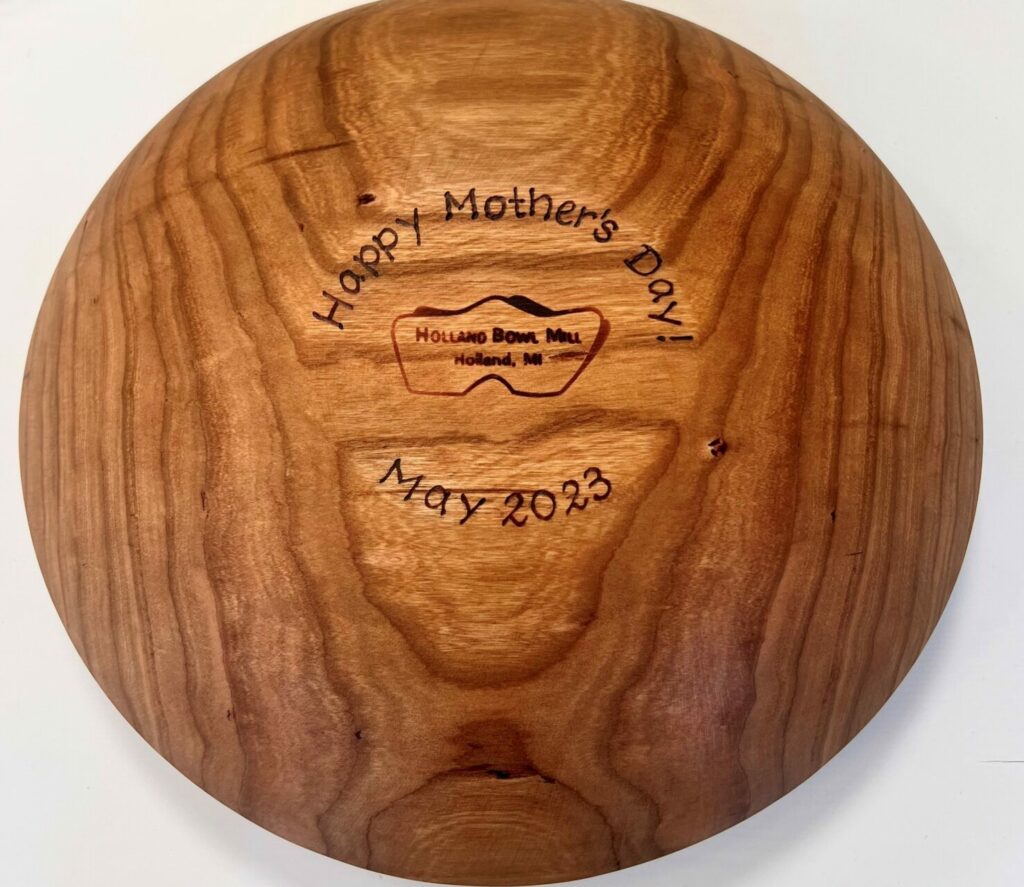 Mother's Day engraving on the bottom of a Holland Bowl Mill bowl. Are your mothers day gift ideas all set?