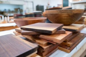 A stack of wooden chopping boards from Holland Bowl Mill