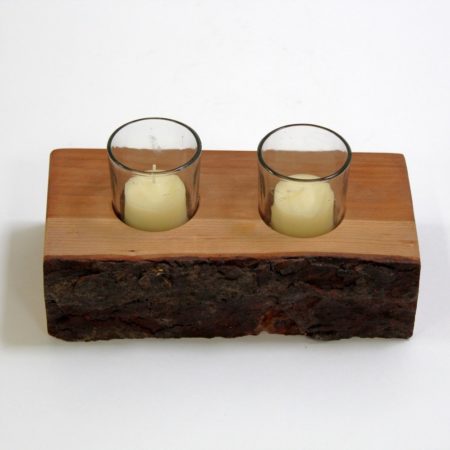 A small wood plank candle holder